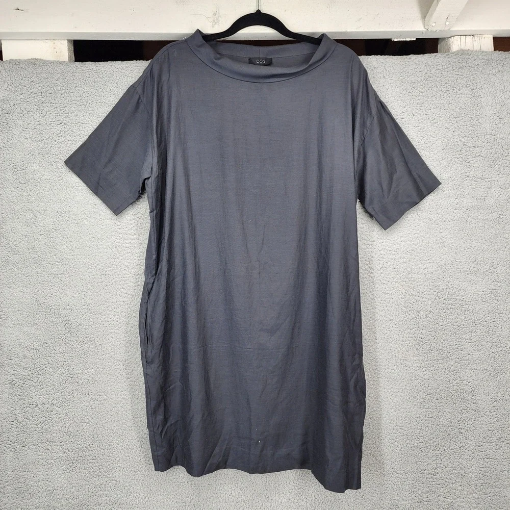 COS Grey Cupro Blend Rolled Neck Short Sleeve Shift Midi Dress Womens 12